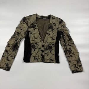 Bruno Duluc Crop Jacket Women M Beige Black Mesh Flower Long Sleeve Button Front